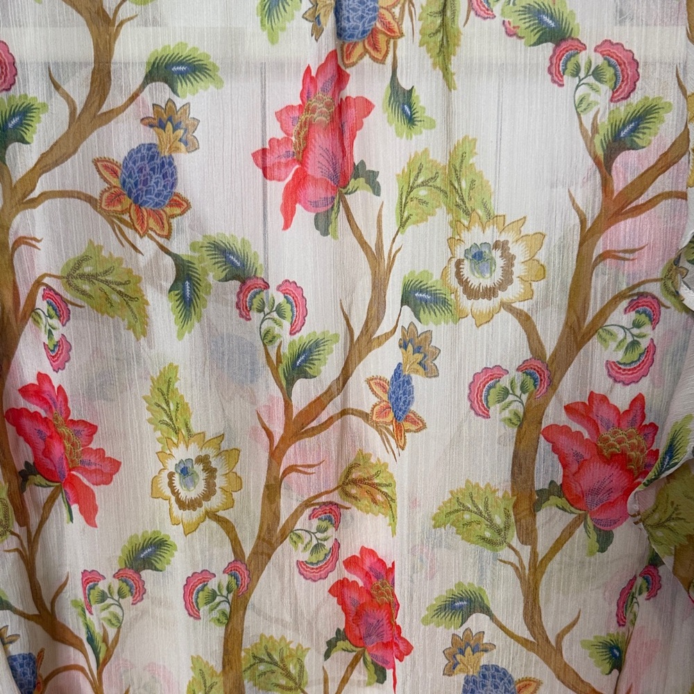 Rose & Olive Sheer Floral V Neck Ruffle Top White Pink Green - Picture 6 of 7